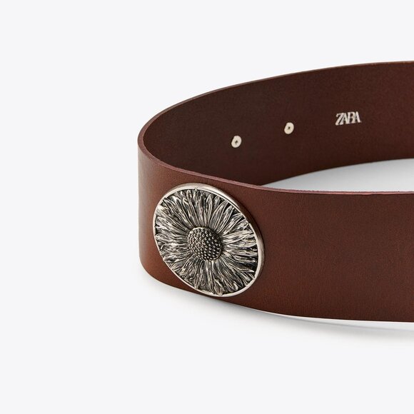 NWT ZARA WIDE LEATHER BELT WITH FLOWER BROWN 1736/059 - Picture 5 of 8